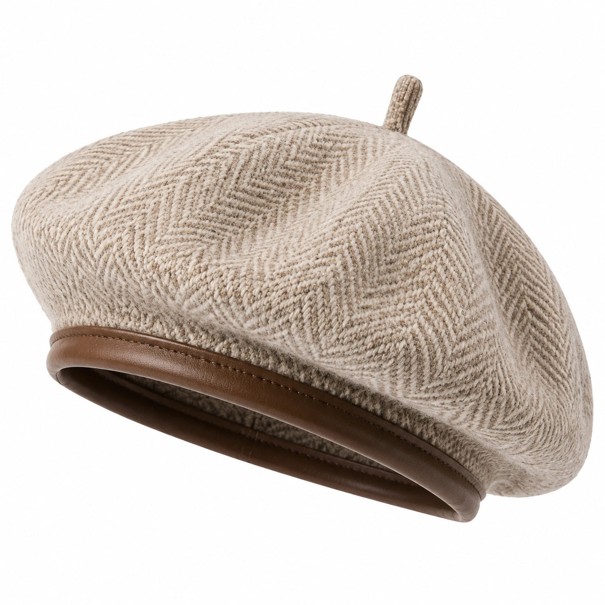 Berretto basco taglia unica in tessuto a maglia beige e marrone con bordo effetto pelle stile casual