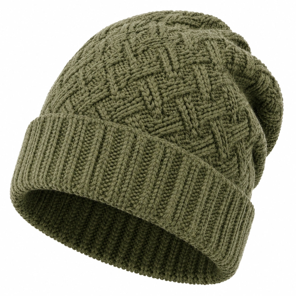Cappello beanie taglia unica in maglia verde oliva con risvolto - stile casual