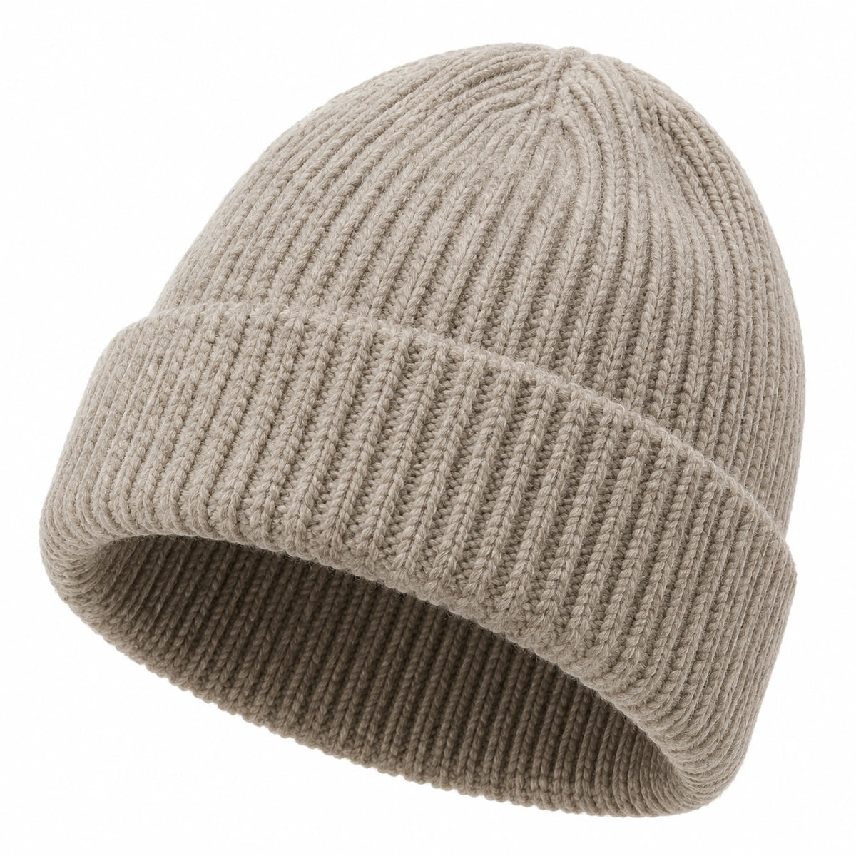 Berretto a coste taglia unica in maglia beige - accessorio invernale con risvolto