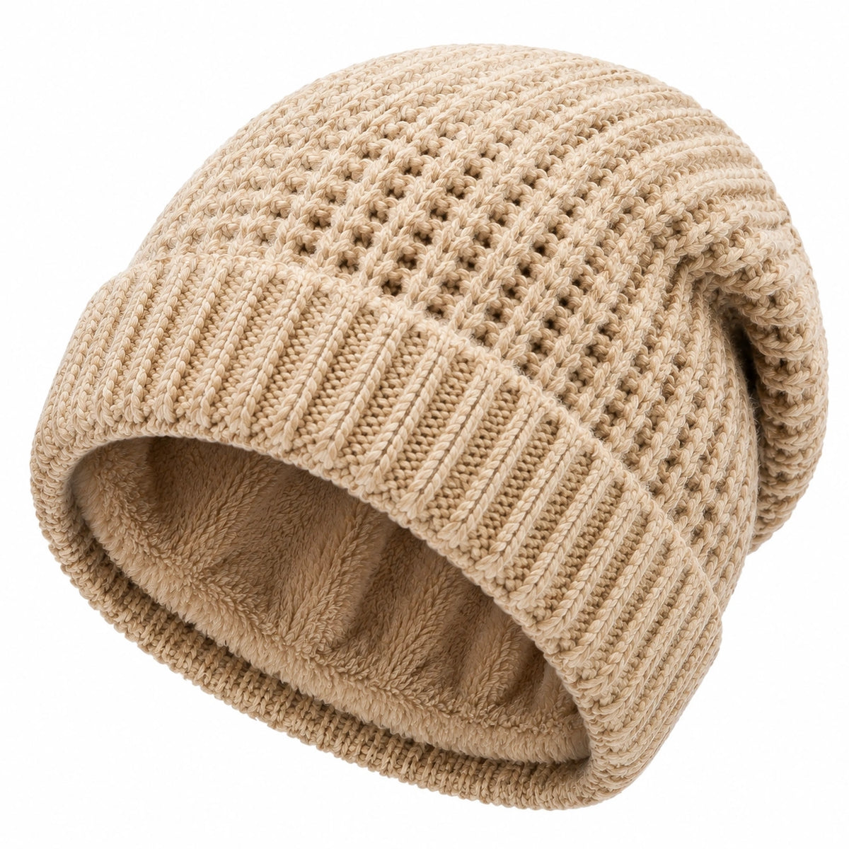 Berretto a maglia taglia unica beige con risvolto a coste per uso quotidiano