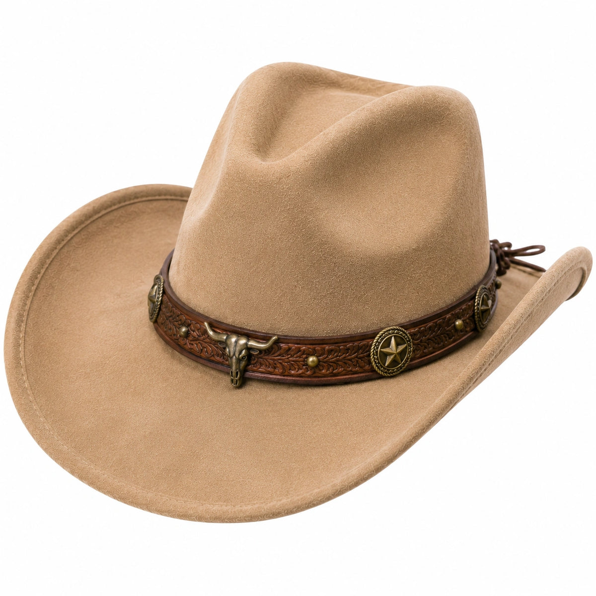 Cappello cowboy taglia unica in tessuto beige con fascia decorativa stile western