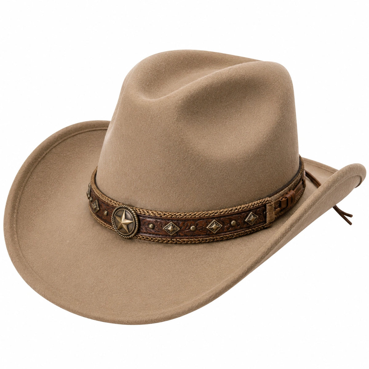 Cappello cowboy taglia unica in feltro beige con fascia decorativa stile western