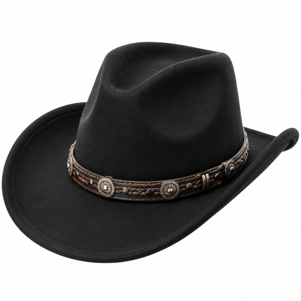 Cappello taglia unica in feltro nero con fascia decorativa stile western