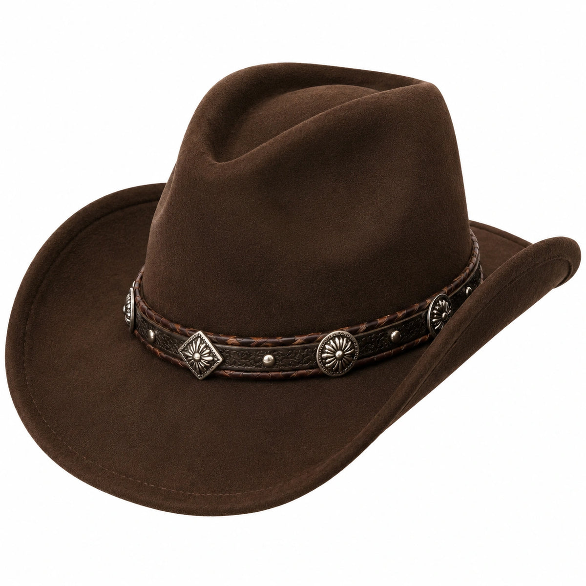 Cappello cowboy taglia unica in tessuto effetto camoscio marrone con fascia decorativa