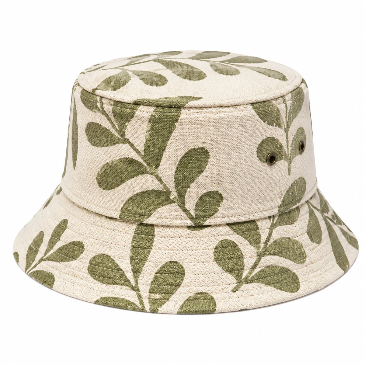 Cappello pescatore taglia unica in tessuto beige e verde con motivo foglie - stile casual