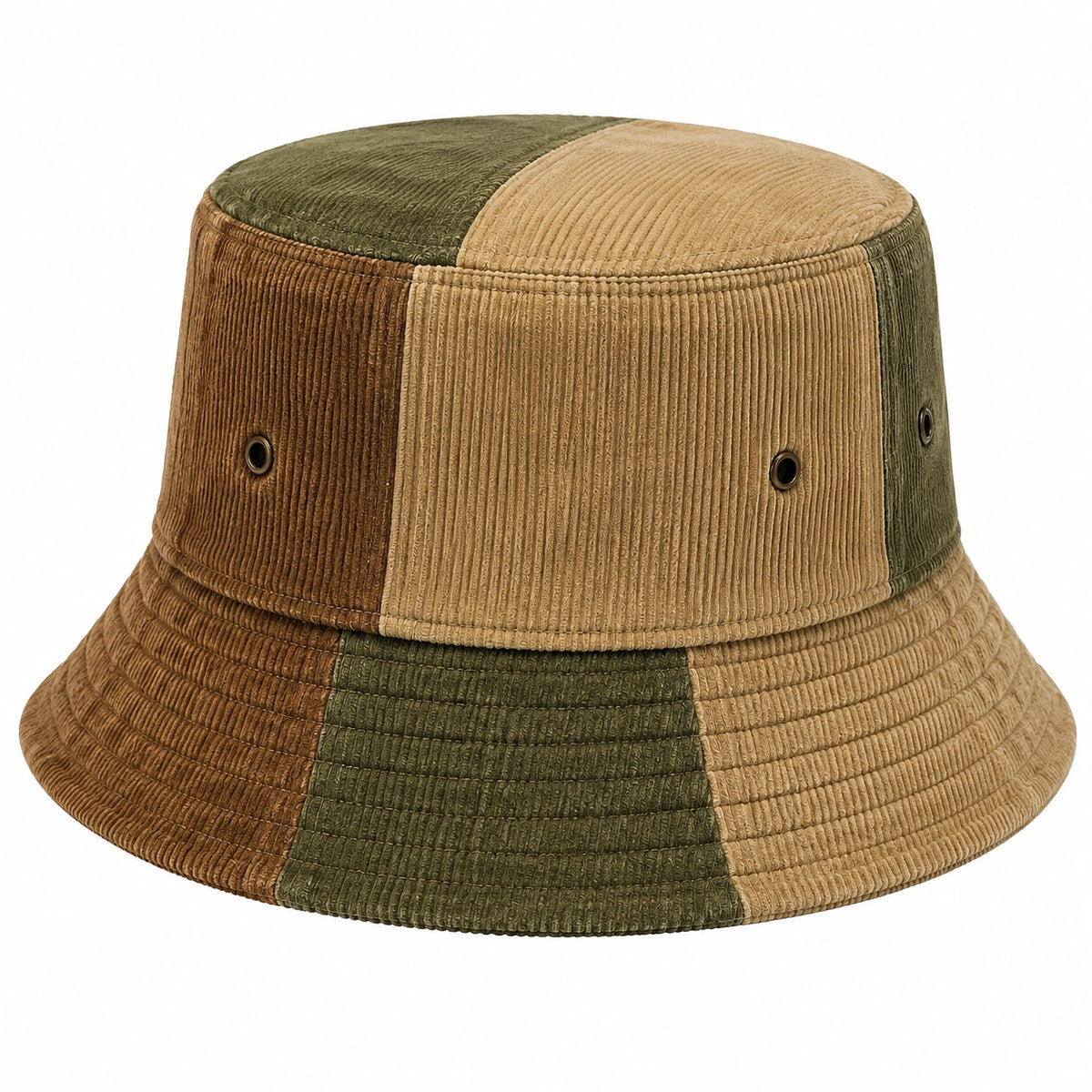 Cappello da pescatore taglia unica in tessuto a coste marrone beige e verde con fori di ventilazione